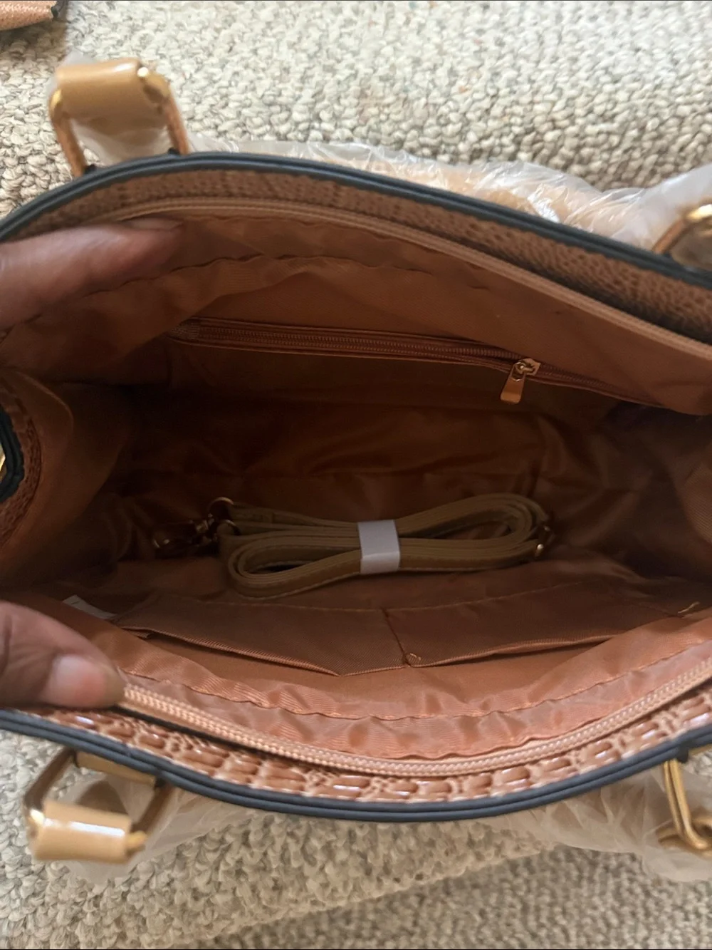 Croc-Embossed Bow Satchel in Cognac